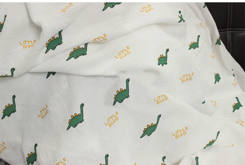 100x135cm Cute Dinosaur Printed Double Layer Cotton Crepe Fabric Breathable Pure Cotton Fabric DIY Sewing Baby Clothes