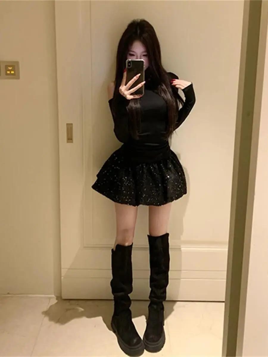 

Ballet Sle Sexy Asymmetrical oulder Long Sve Dr Women's High Waist Bouffant Bla Dr Sequin Princ Dr