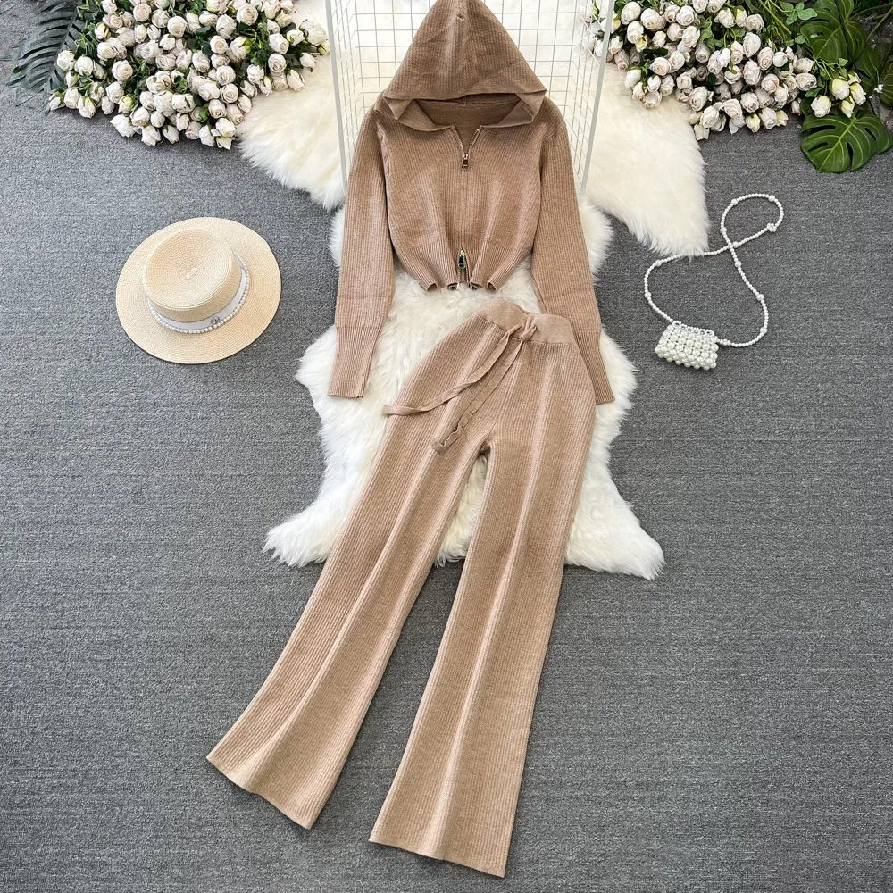 

Korean Sle Long Sve Zipper Hooded Knitted Sweatirt Jaet And High Waist Wide Leg Pants Two Piece Set for