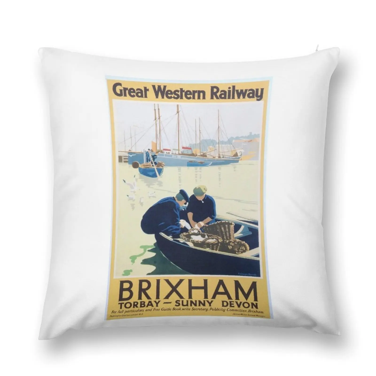 Vintage Great Western Railway Travel Poster for Brixham, Devon Throw Pillow luxury home accessories Pillow Decor pillow