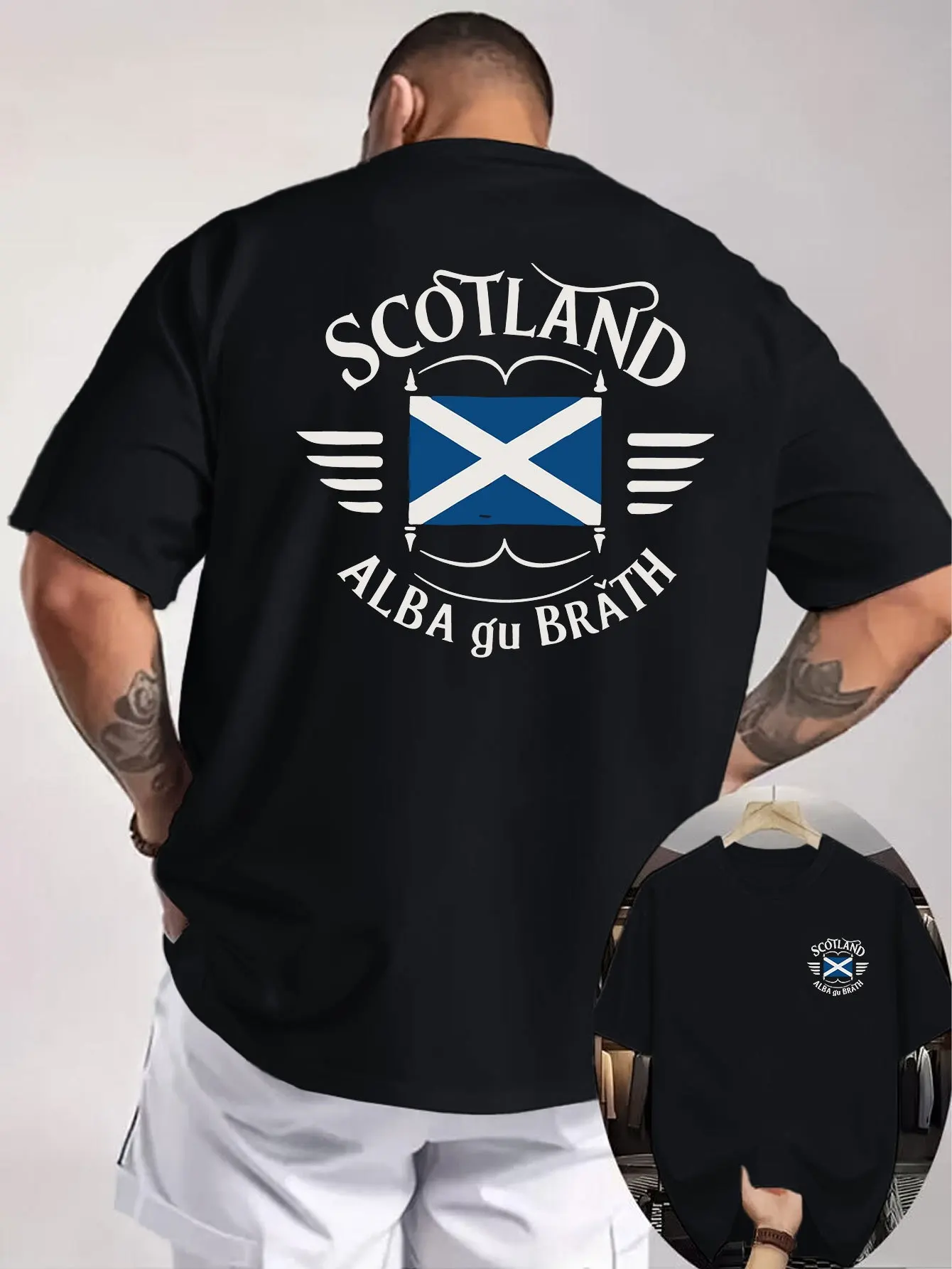 SCOTLAND ALBA Gu BRÀTH Men's Double-Sided Print T-Shirt with Scottish Flag, European Cultural Elements, Lovers'  Loose Fit Top