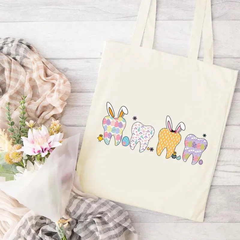 Neutral Color Aesthetic Spring Easter Dentist Tote Bag, White Canvas, No Edge Paint, No Closure, Large Capacity, Simple Style, D