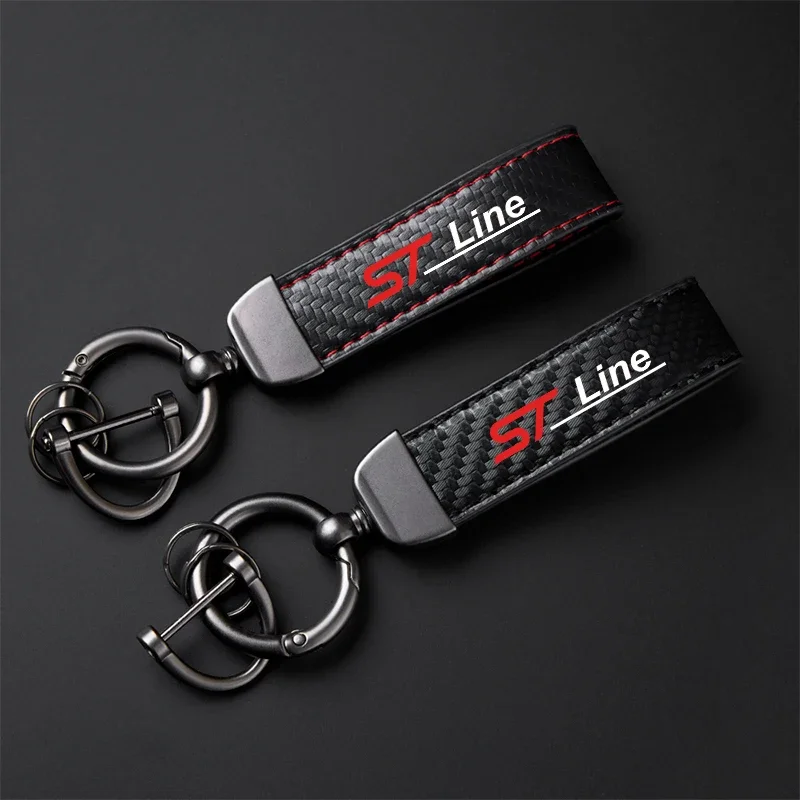 Carbon Style Leather Keychain Horseshoe Buckle for Ford ST Line Kuga Fiesta Car Key Ring Interior Decoration Accessory