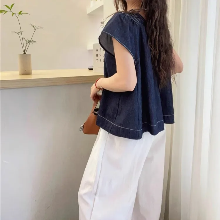 レトロなヨーロッパ風デニムスウェットシャツ、女性用サマーニュールーズカジュアルファッショナブルスモールスウェットシャツ、小さめフリンジスウェットトップ