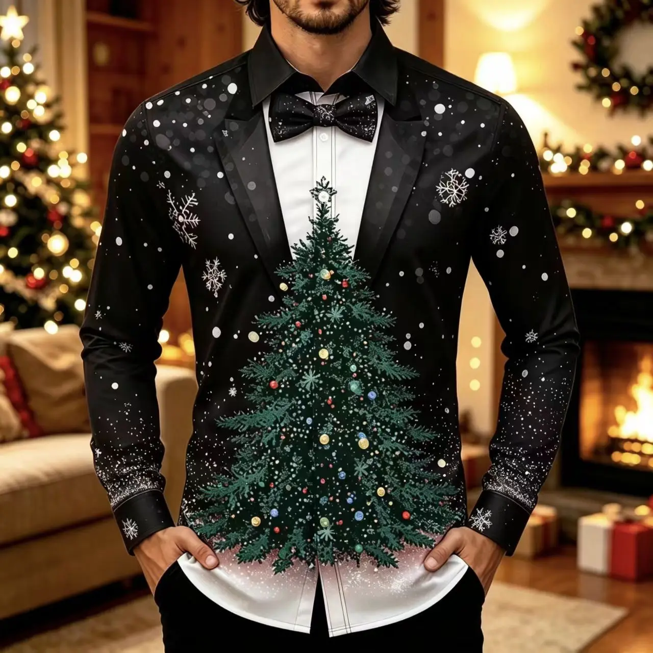 New men's Christmas holiday two-piece long sleeved shirt texture Santa Claus reindeer print holiday party lapel top