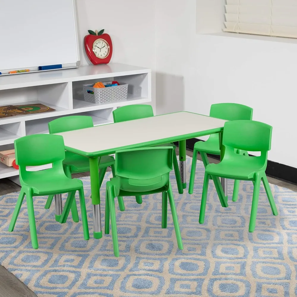 Emmy verstellbarer Aktivität tisch im Klassen zimmer mit 6 stapelbaren Stühlen, rechteckiger Aktivität tisch aus Kunststoff für Kinder