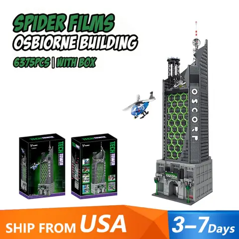 6375PCS Spider Oscorp Hero Tower Ligting Building Blocks Films City Classic Architecture Modular Assembly Model Kit DIY Toy Gift