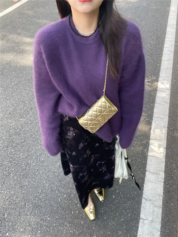 Women New Fall Winter Fashion 2 Piece Sets O Neck Knitted Purple Loose Sweater Pullover&Floral Print Midi Skirt Casual 2PC Suits