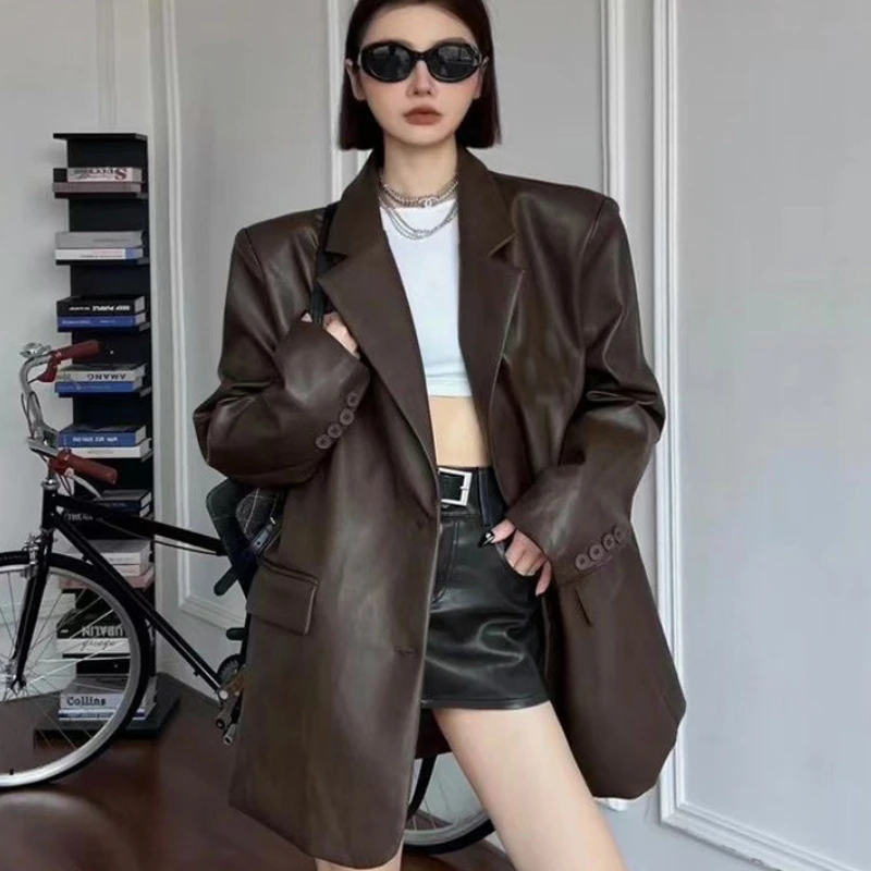 

Faux PU Leather Women Coats Turn Down Collar Blazer Suits Y2k Tops Jackets Coat Autumn Winter Punk Biker Elegant Work Streetwear