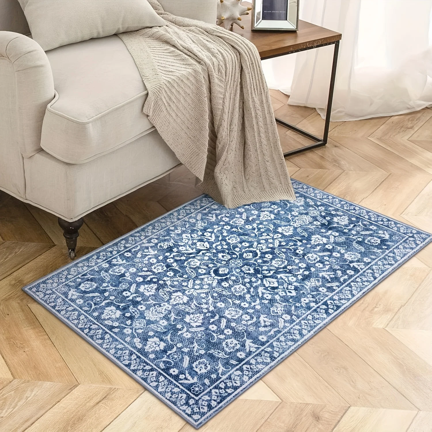 

VIKAMA Blue And White Floral Rug American Vintage Living Room Entryway And Bathroom Mat Ins Style Home Decor