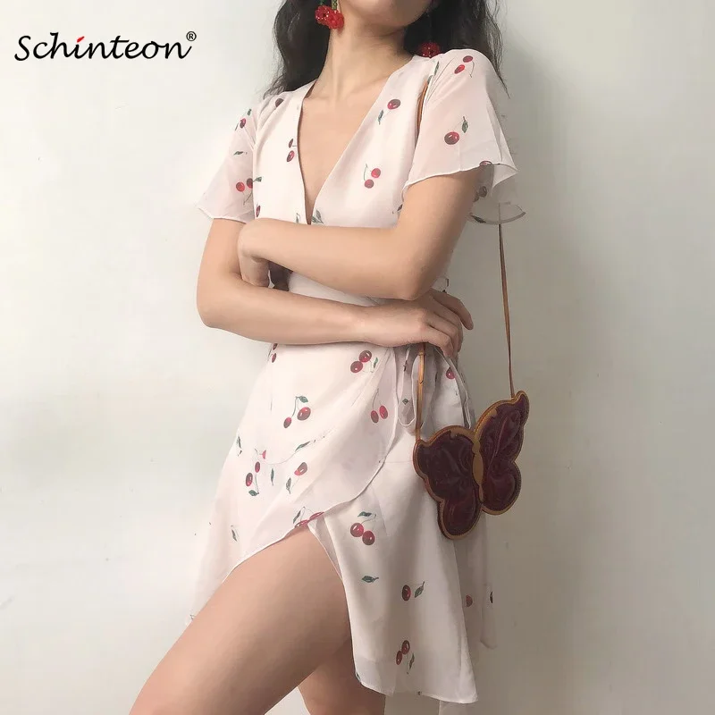 Картина: Шифоновое платье-трапеция Schinteon с V-образным вырезом и ремнем, с принтом в виде вишенок, тонкое летнее сексуальное мини-платье с коротким рукавом