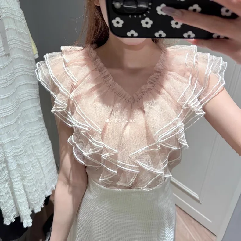 

Japan Style Sweet Multi-layer Mesh Ruffles Fairy Top V-neck Sleeveless Chiffon Shirts Summer Chic Office Lady Elegant Blusas