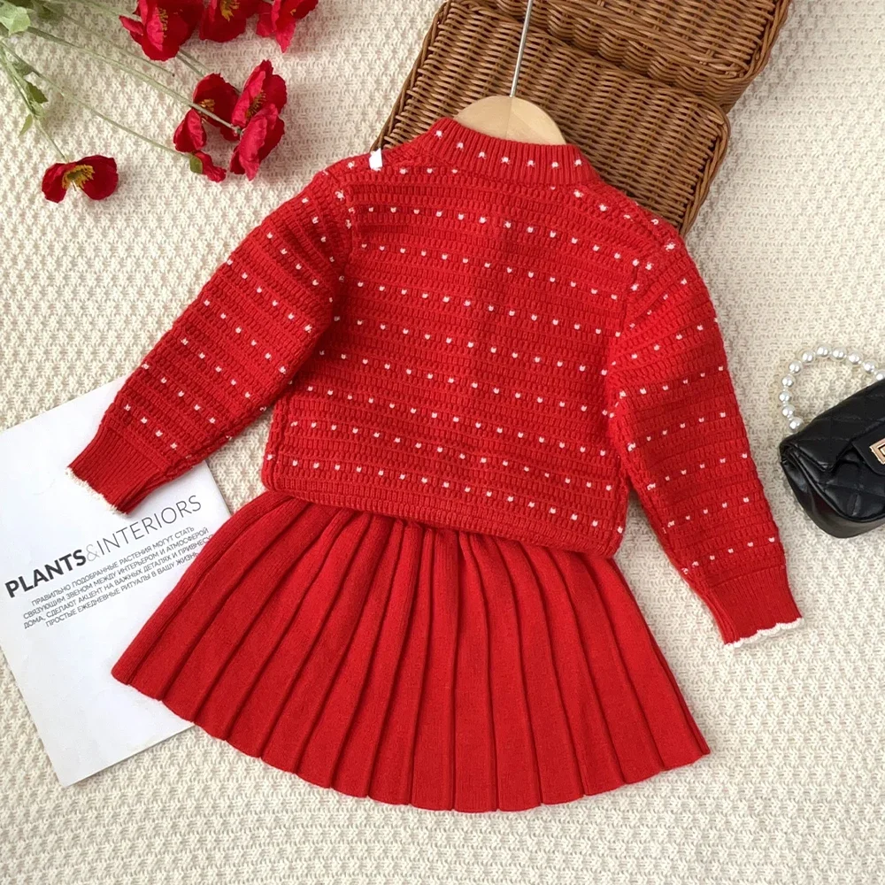 Herbst- und Winterkleidung für Mädchen: Langärmeliger Strickpullover, Strickjacke + Plissierter Kurzrock, Süße und Niedliche Prinzessinnenkleidung für Kinder – Detail 16