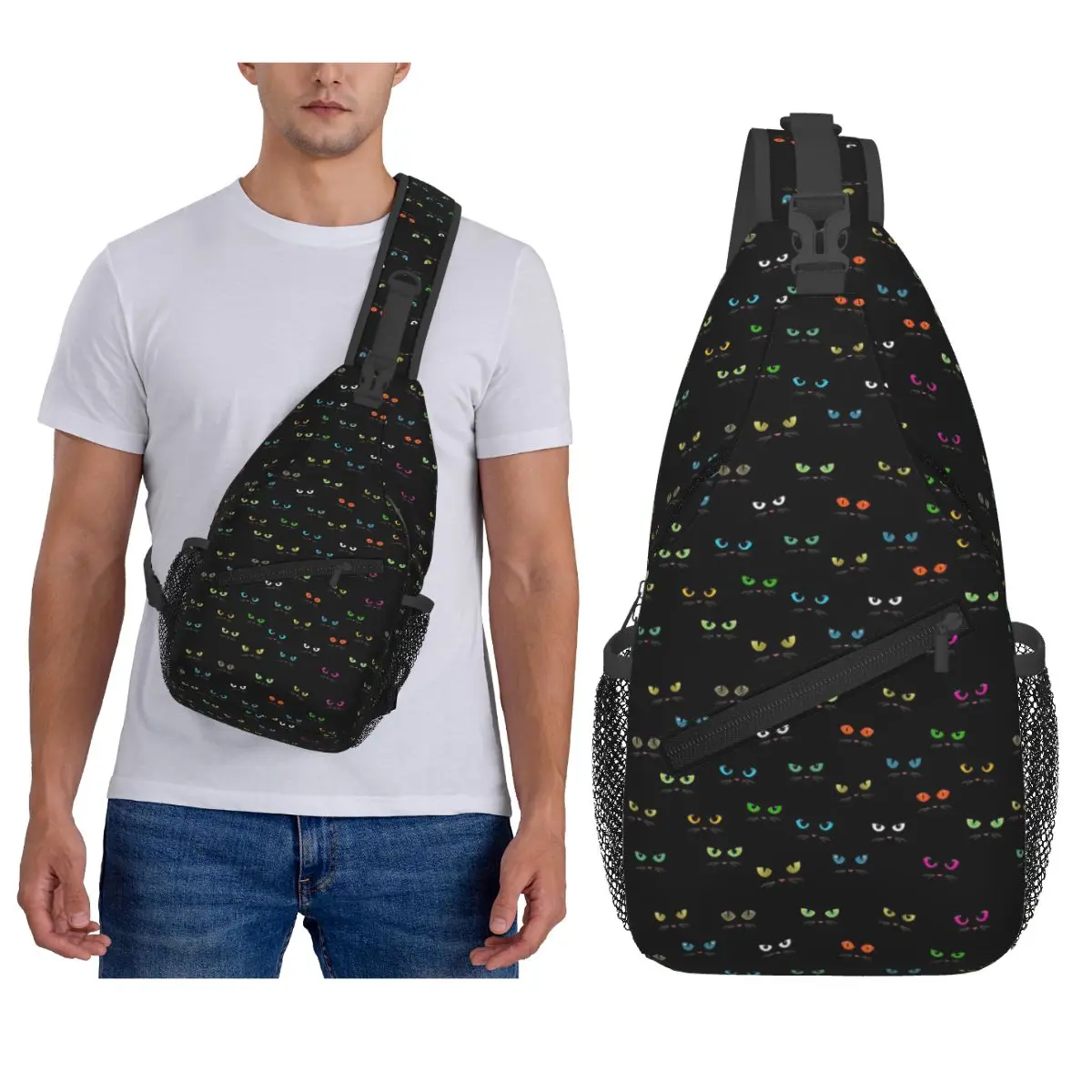 القط الصور الظلية الكرتون القطط السوداء حقيبة صدر للرجال الرجال الرافعة Crossbody على ظهره حقيبة صدر للرجال السفر المشي لمسافات طويلة Daypack حقيبة كتف