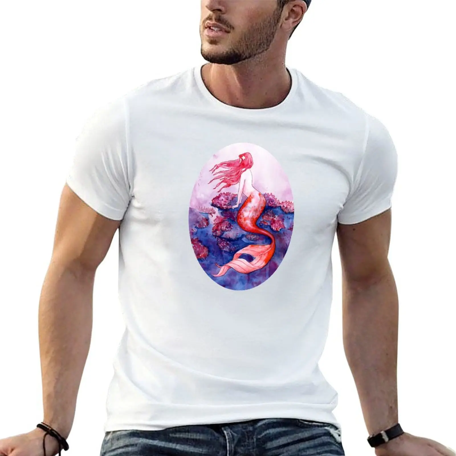 Red Coral Mermaid T-Shirt vintage anime shirt quick-drying black t-shirts for men