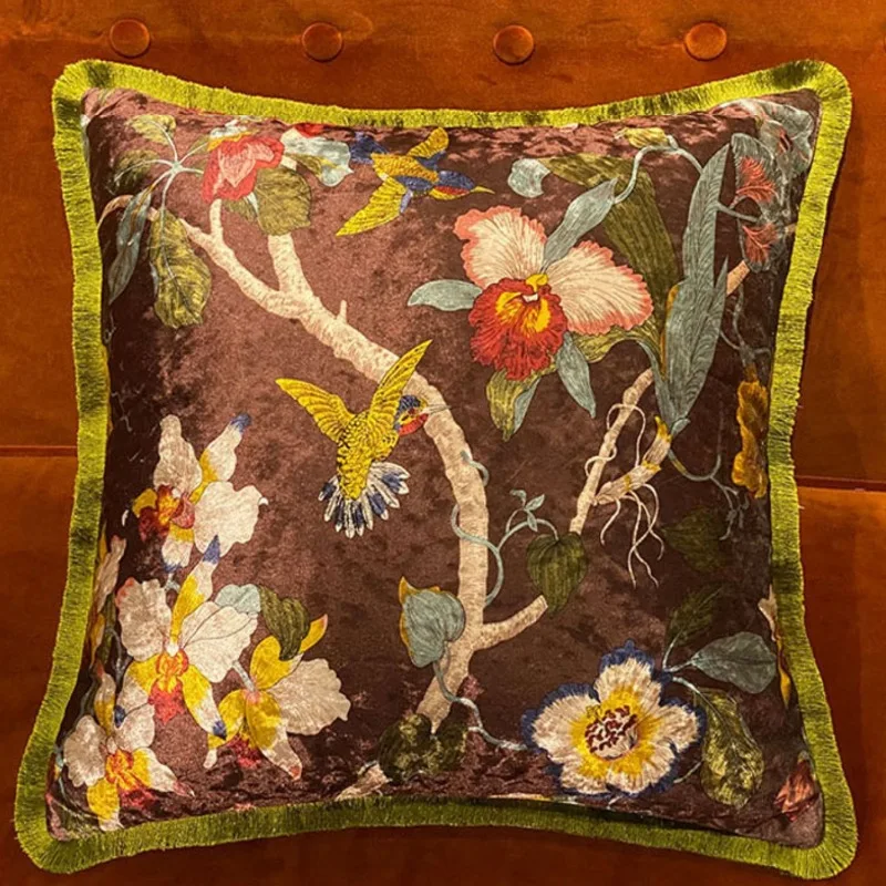 Retro Flora Bird Pillows Luxury Velvet Cushion Case Green Red Decorative Pillow Cover For Sofa Chair Home Decorations