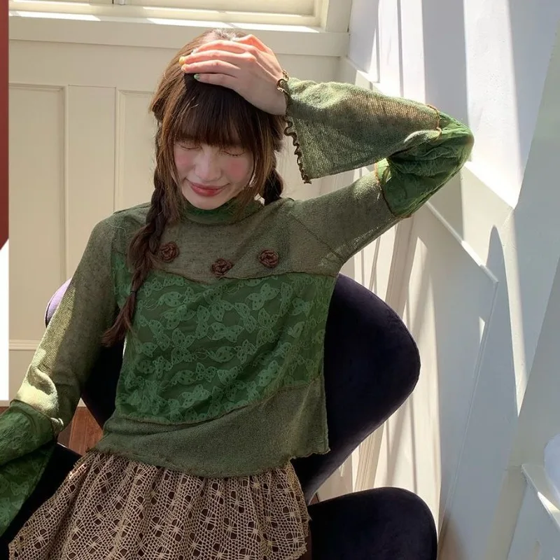 

Sweet, Lazy, Slightly Sheer Oxygen-sensing Turtleneck Top - Autumn Commuting Niche Maillard Long-sleeve T-shirt for Women