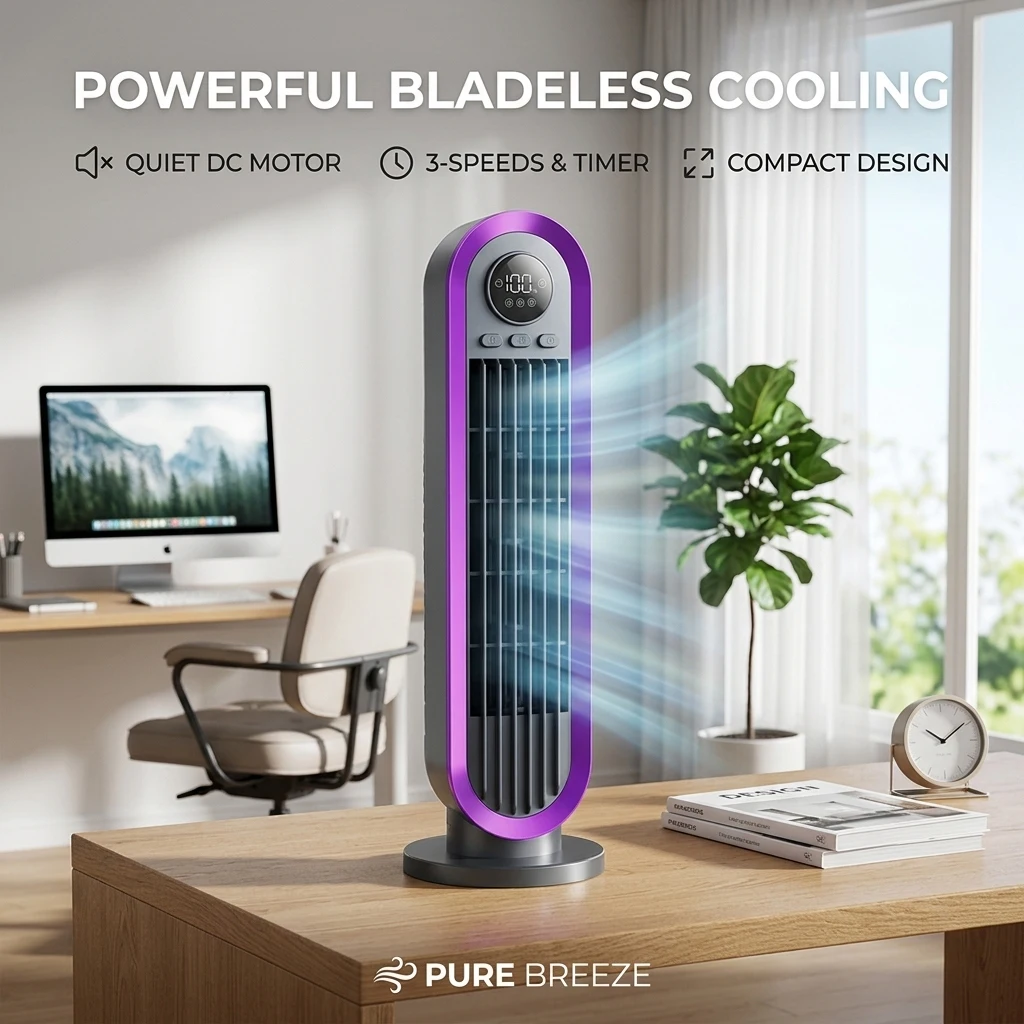 Portable Tower Fan 90° Rotation 3 Wind Speeds 8H Timer Quiet Desk Floor Fan with LED Screen Shockproof Base for Home Dormitory