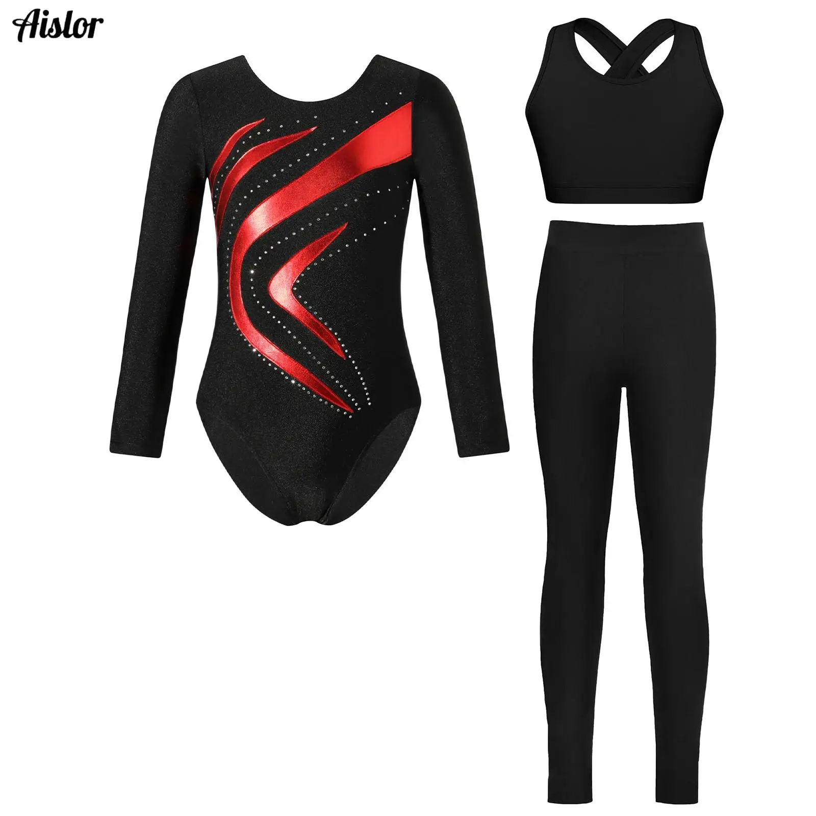 3Pcs/Set Kids Girls Gymnastics Outfit Shiny Rhinestone Metallic Contrast Color Leotard Vest Leggings for Figure Skating Dance