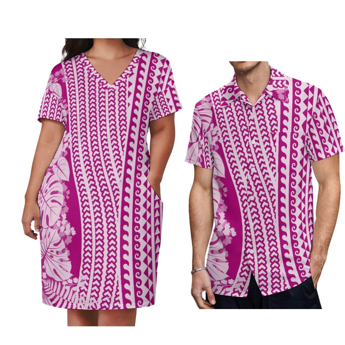 Women'S Hawaii Polynesian Top Quality Short Sleeve Pocket Dress For Party Factory Price Big People Sustainable  V-Neck Dress