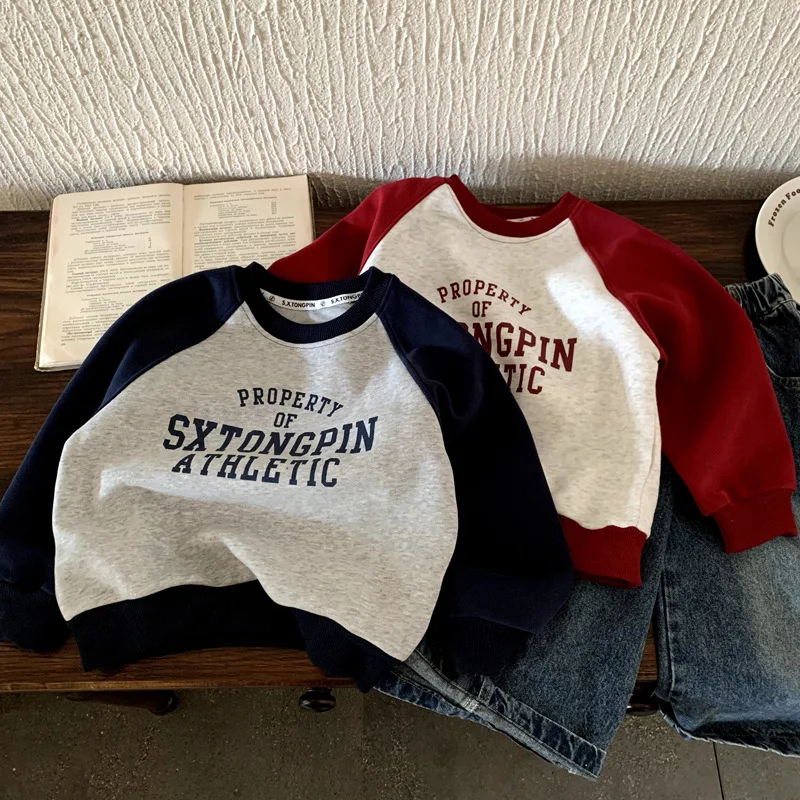 

Boys Girls Sweatshirt 2025 New Arrival Versatile Letter Print Crewneck Color-Blocked Long Sleeves Trendy Style Top