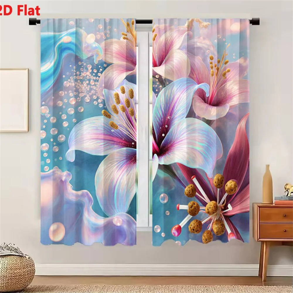 2Pcs Curtains 2D Flat Surreal Digital Artwork Stylized Flowers Pastel Background Iridescent Petals Golden Stamens Pink Blue Purp