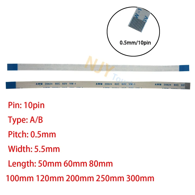 

10Pin 0.5mm Pitch FFC FPC AWM 20624 80C 60V VW-1 A B Type Flat Flexible Cable 60/100/150/200/250/300/400mm