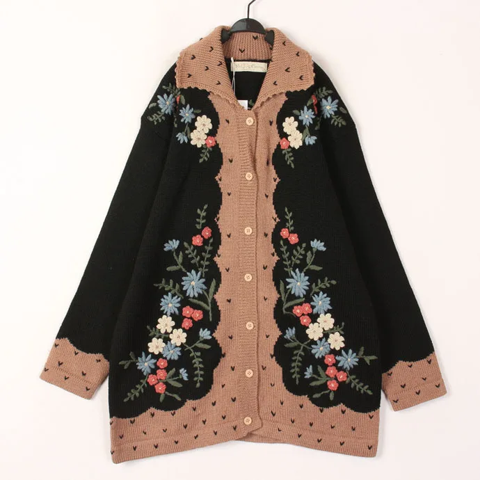 

Винтажный шерстяной свитер-кардиган в этническом стиле с вязаными элементами, в японском стиле Харадзюку, с длинными рукавами, средней длины, теплый, для повседневной носки