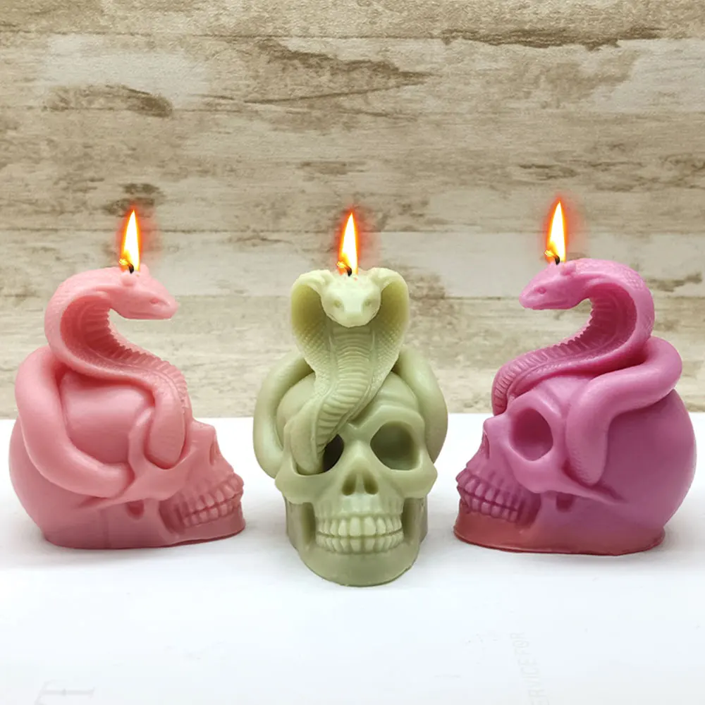 Emulation Cobra Thrilling Skull Candle Making Halloween Animal Human Skeleton Silicone Mould Prank Chocolate Desk Plaster Decor