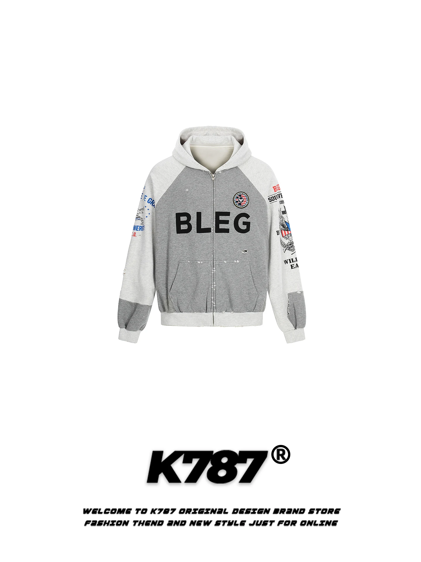 

Кардиган-свитшот K787 в американском повседневном стиле с вышивкой и цветными вставками, свободного кроя, весенняя куртка с капюшоном