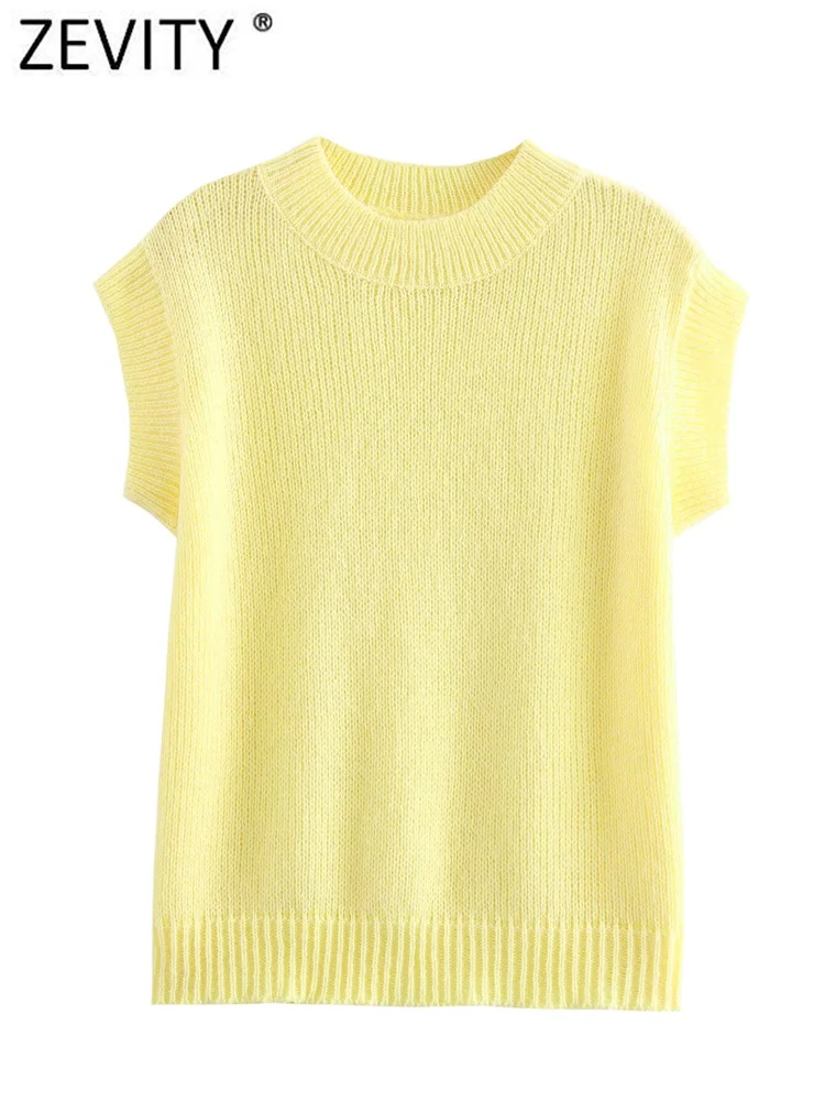 Zevity Women Fashion O Neck Raglan Sleeve Yellow Color Knitting Vest Sweater Female Chic Basic Pullovers Tops SW6296