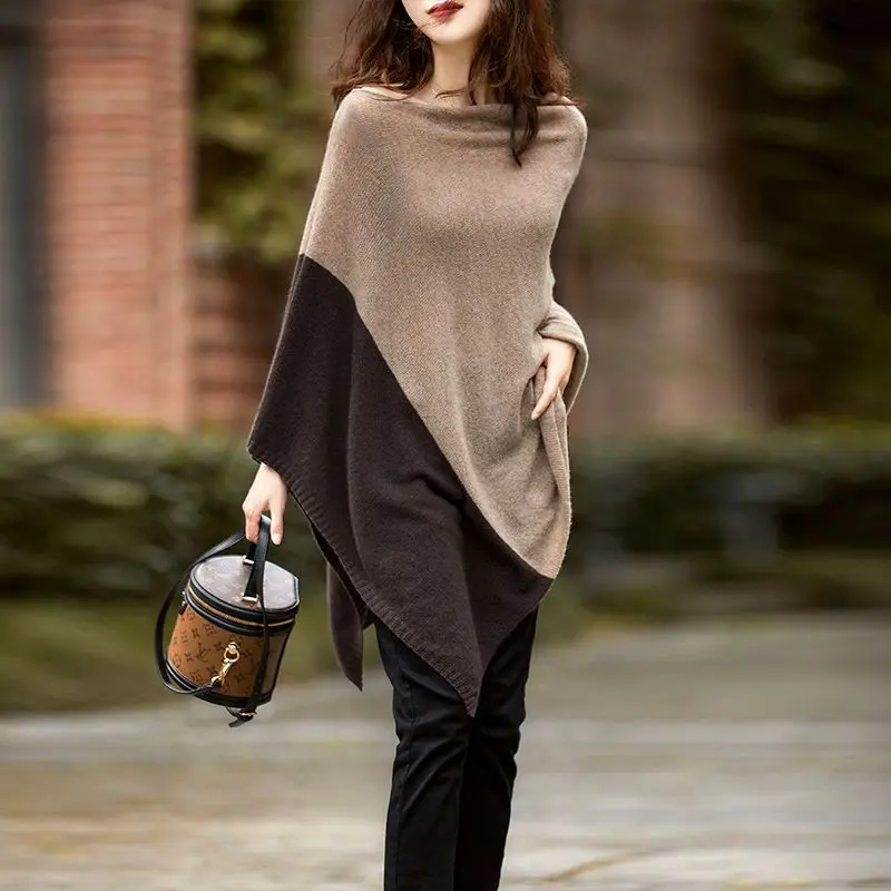 Spring and Autumn Women The Hood Semi-turtleneck Long Sleeves Color Matching Loose Knitted Outside Fashion Casual Shawl Coat