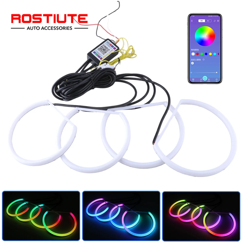 

4PCS 131mm 146mm Angel Eyes RGB Cotton Led Halo Light APP Control with Yellow Turn Signal Daytime Running Lights for E46 E39 E36