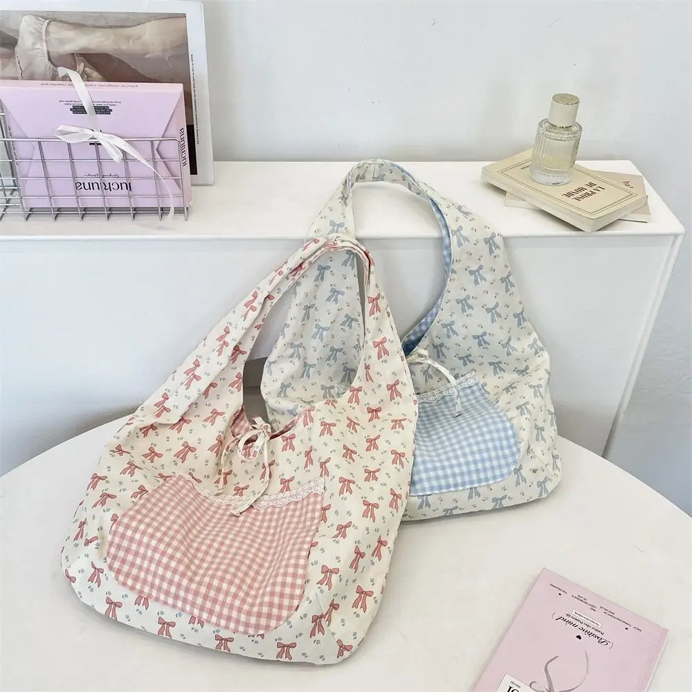 

Vintage Sweet Bowknot Vest Bag Fairy Large Capacity Floral Plaid Shoulder Bag Commuting Leisure Canvas Tote Bag Student