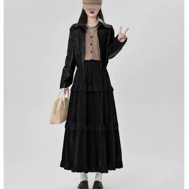 Nieuwe herfst- en winterstijl A-lijn middellange getextureerde fluwelen taartrok met hoge taille voor dames