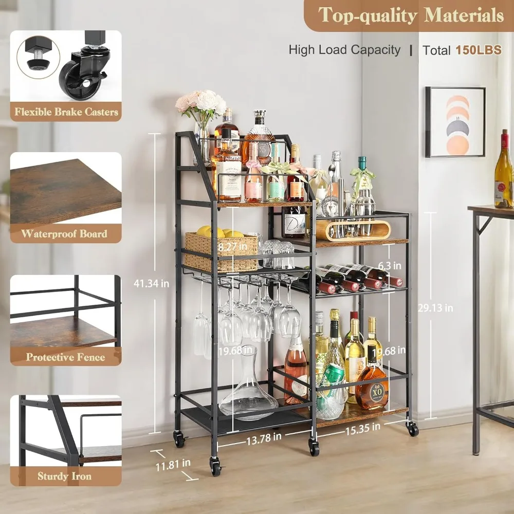 Rolling Bar Cart with Wine Glass Holder, Bar Carts for the Home, Bar Stand for Home,