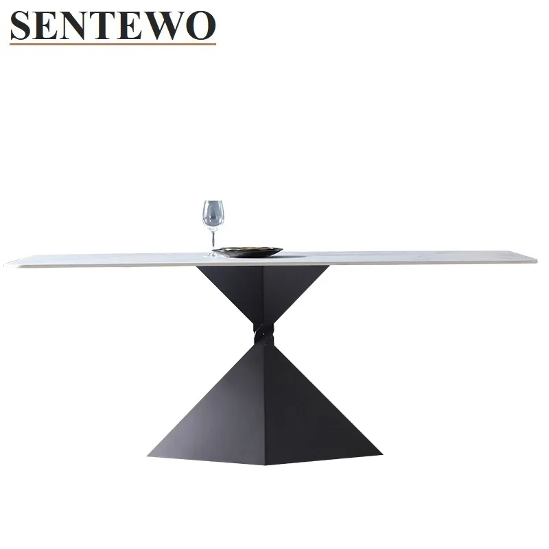 SENTEWO Ltalian Rock Slab Dining Table and 4 Chairs Carbon Steel Base In Black Faux Marble Table Furniture Ilot Central Cuisine