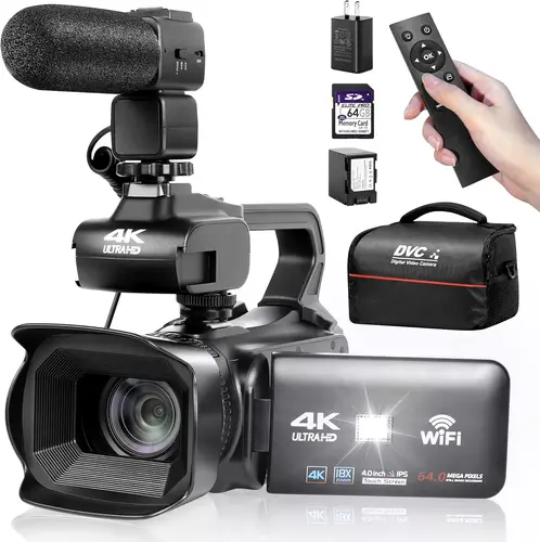 UHD 4k ビデオカメラ ビデオカメラ、18X デジタル ズーム、64MP デジタル カメラ レコーダー、4.0 インチ回転タッチスクリーン、64GB SD カード、マイク付き