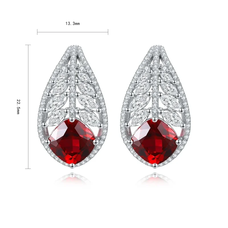 Special Leaf Design Lab Grown Ruby Cushion Shape Silver Earring Stud High Quality Jewelry For Women Christmas Party Gift