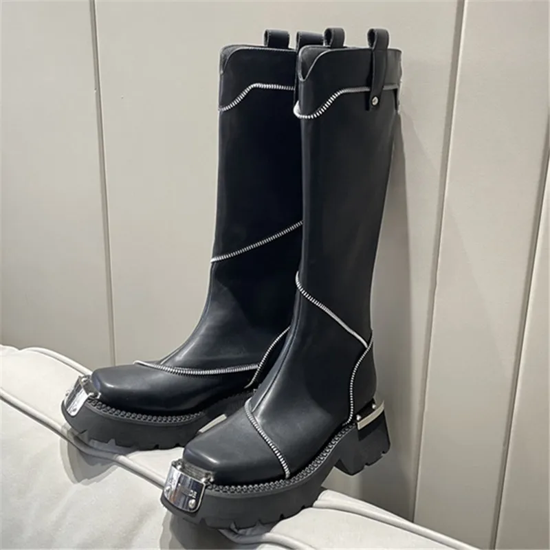 Handsome Leather Women Knee-High Knight Boots New Winter Metal Decoration Classic Sexy Comfortable Motorcycle Boots Envío Gratis