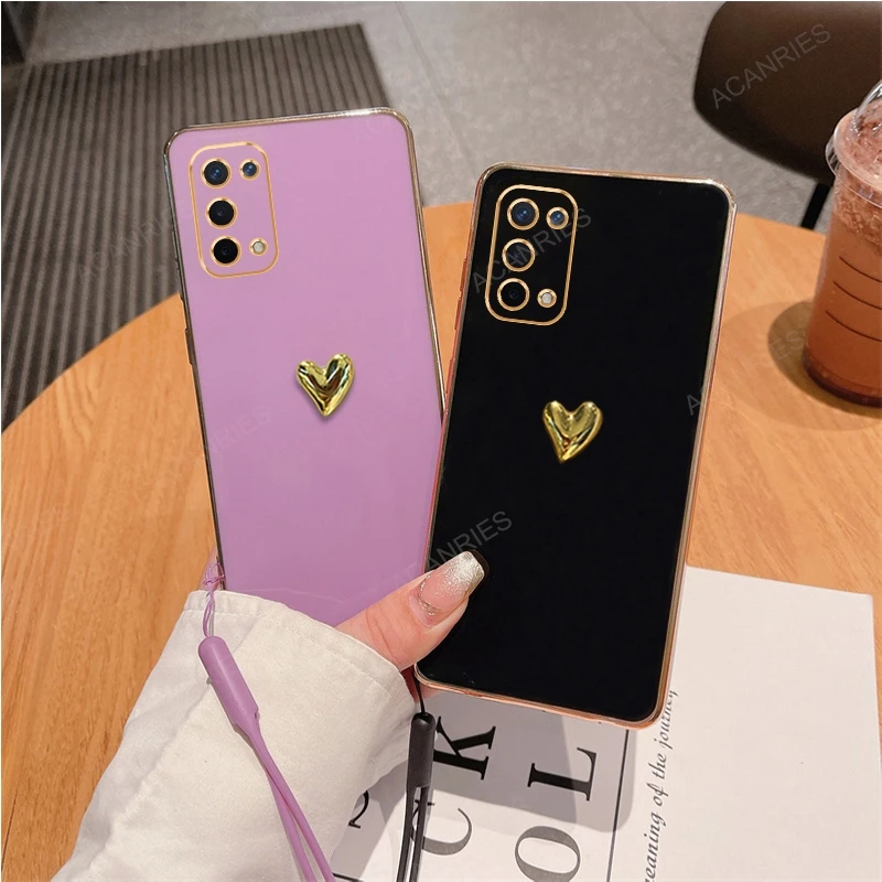 3D Gold Heart Plating Silicone Soft Case For Oppo A54 5G A74 4G A93 A95 A94 A91 A72 A52 A57s A16s A17 A16 A9 A5 Cover A 54 74 93