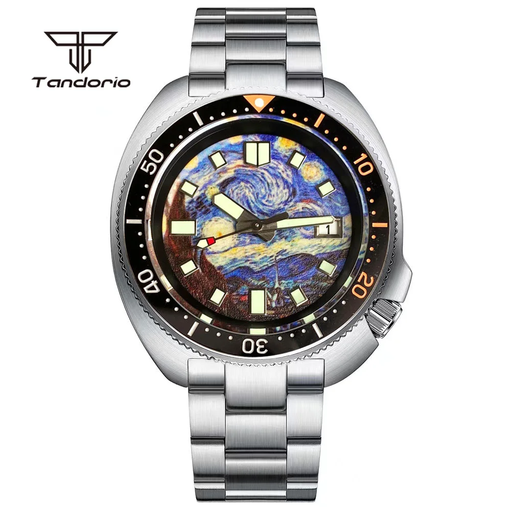 Tandorio Stainless Steel 44mm Dive NH35 Fashion Full Luminous Automatic Men Watch 20BAR Starry Sky Dial Sapphire Date 120 Clicks