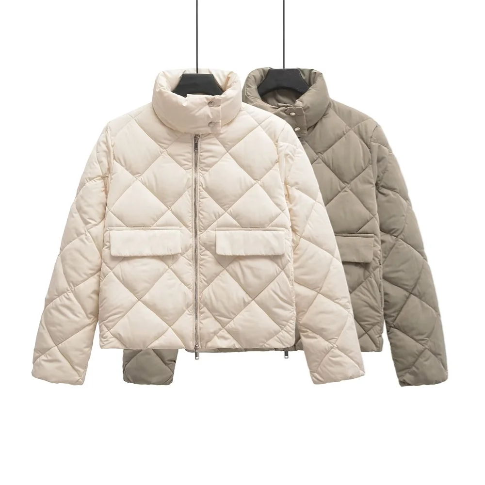 Bm & md & za2024 Damen Herbst und Winter neue einfache hohe Kragen Rautenmuster kurze Version Baumwoll mantel warm und dick