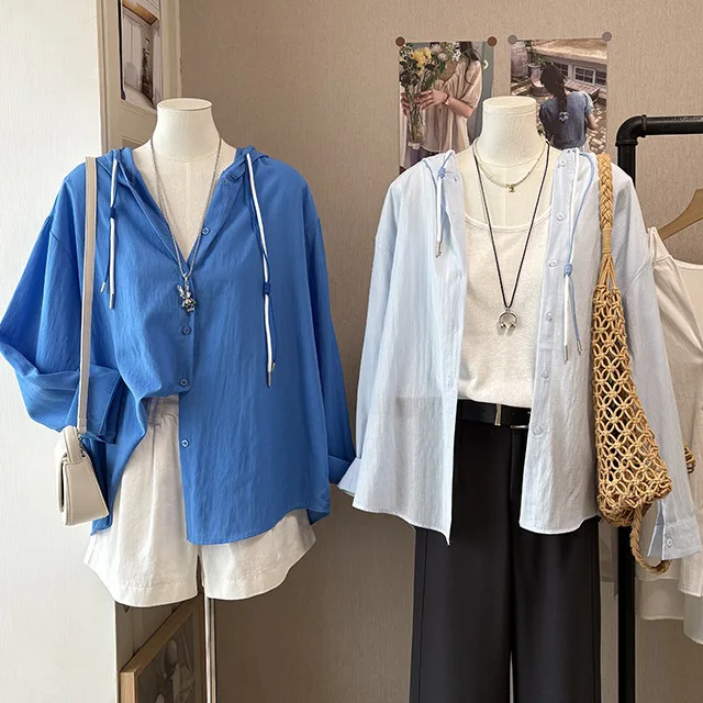 

Ladies Casual Loose Long Sve Hat irt Summer Thin Sun Protection Outerwear Air Conditioning Cover up Top Polyester Fabric