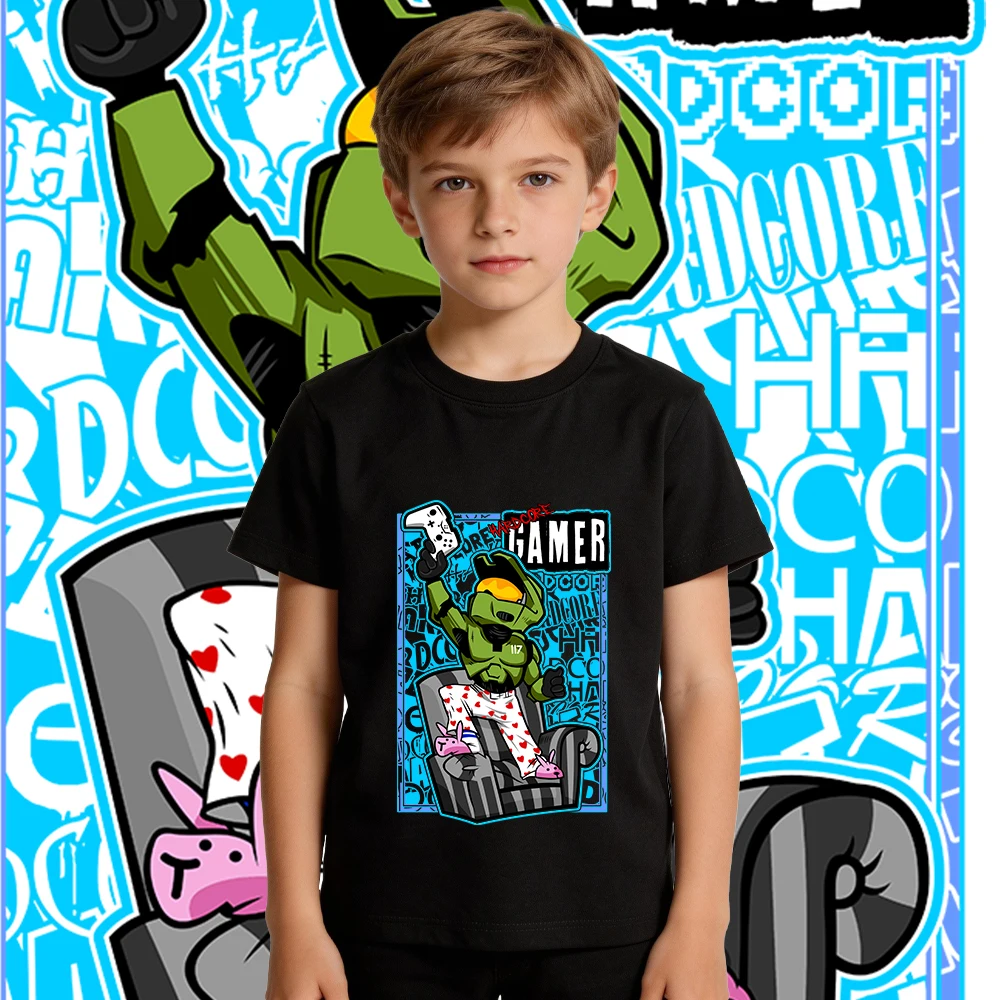 Halo Hardcore Gamer Anime Print Boys Girls Cotton Short Sleeve Kids T Shirt Soft Casual Daily Wear Top