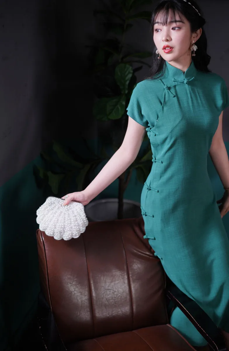 

Элегантное однотонное традиционное длинное ципао с низким разрезом и коротким рукавом для молодых женщин от Suo Liang You an