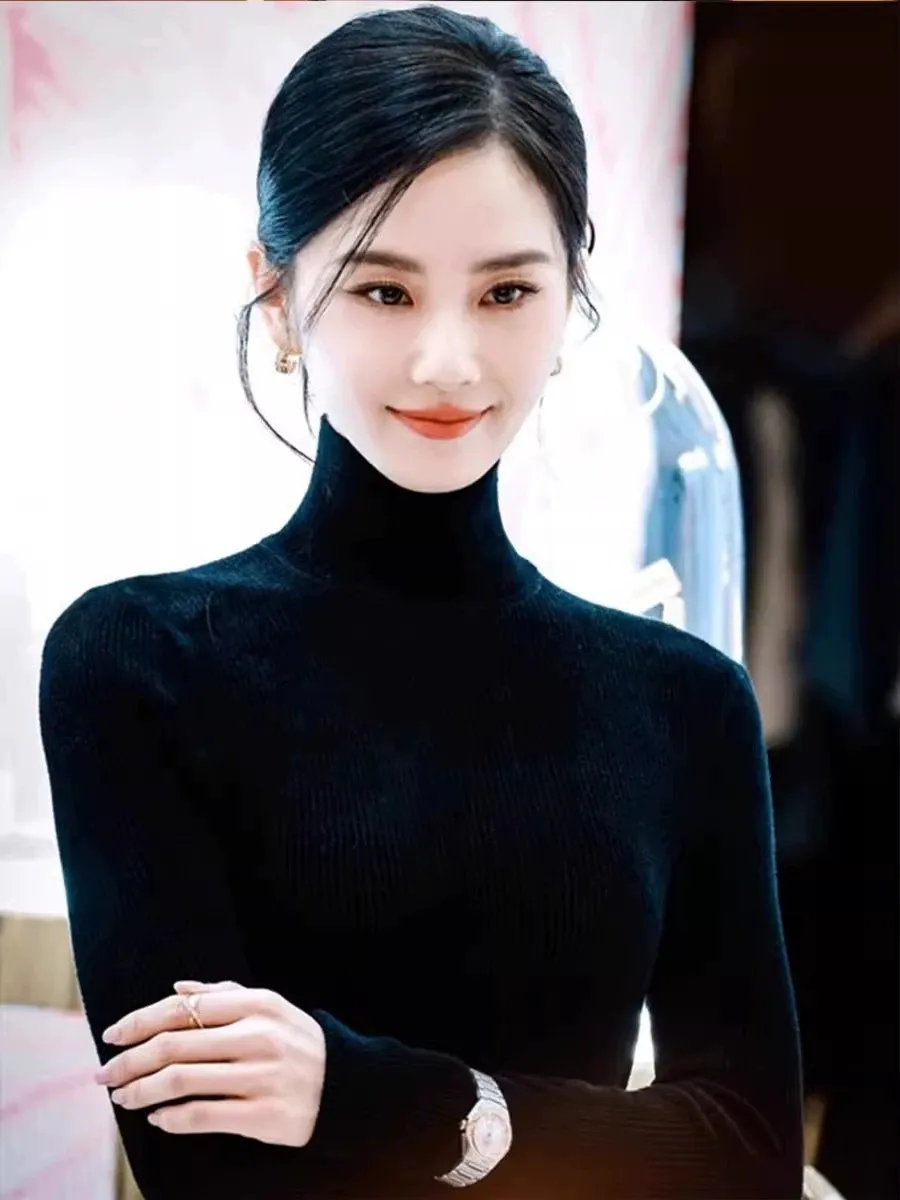 

Faionable Bla Camere Knitted Sweater Tight Fit f High Collar Woolen Top for Women Autumn Winter Warm Commute Sle