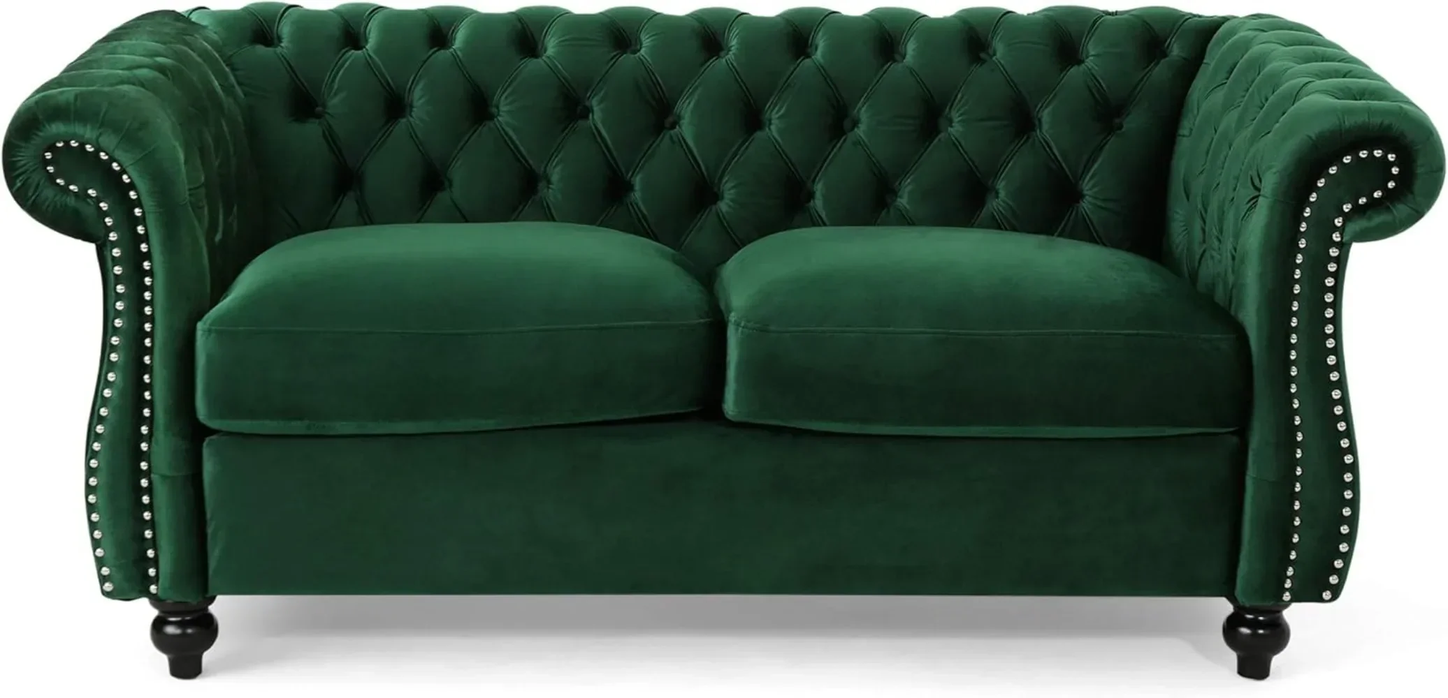 Karen Traditional Chesterfield Loveseat Sofa, Emerald and Dark Brown, 61.75 x 33.75 x 27.75