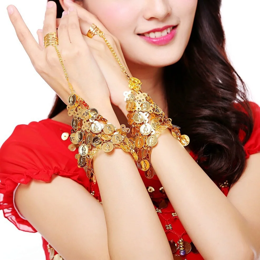 Golden Coin Tassel Bracelet With Ring Chain, Hollow Layered Design, Belly Dance & Festival Jewelry For Parties, Performances