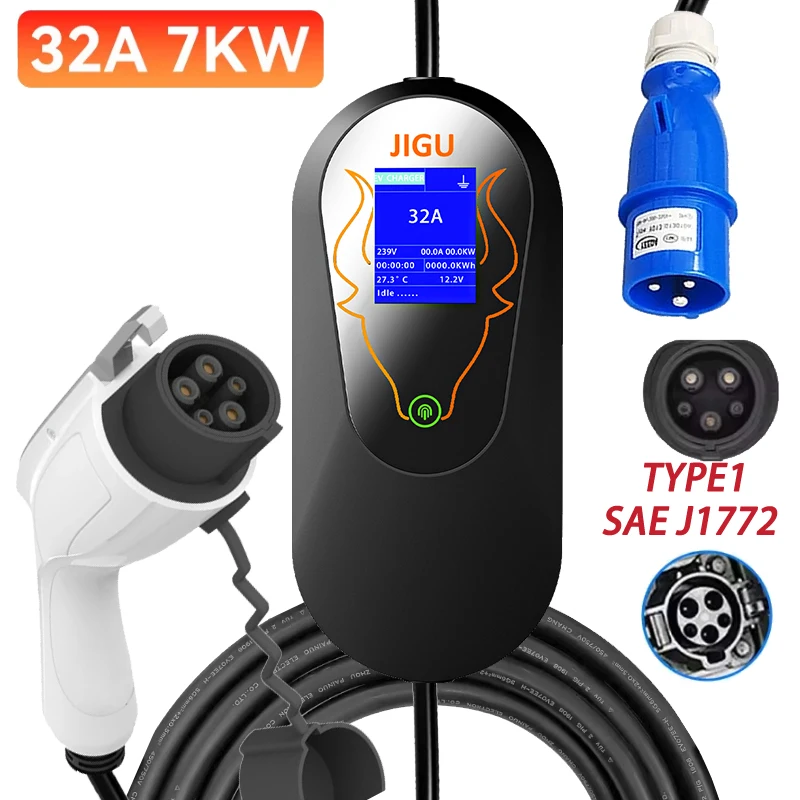 JIGU Level 2 Typ 1 Autoladegerät SAE J1772 Tragbares EV-Ladegerät 7 kW mit 32 A CEE-Stecker Outdoor-Ladegerät für Elektrofahrzeuge Set Strom